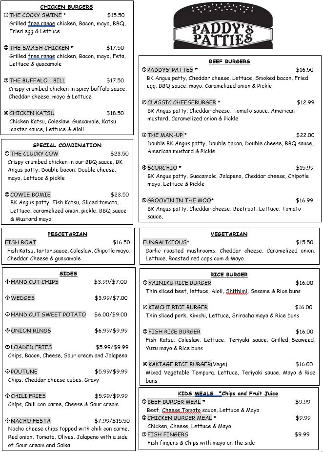 Order Online MENU Paddy's Patties